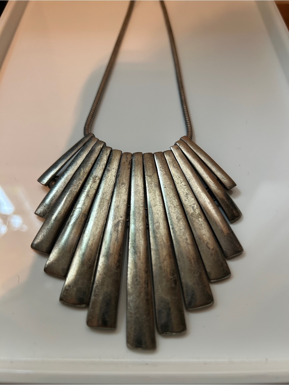 Statement Antique Silver Tone Fan Pendant Necklace